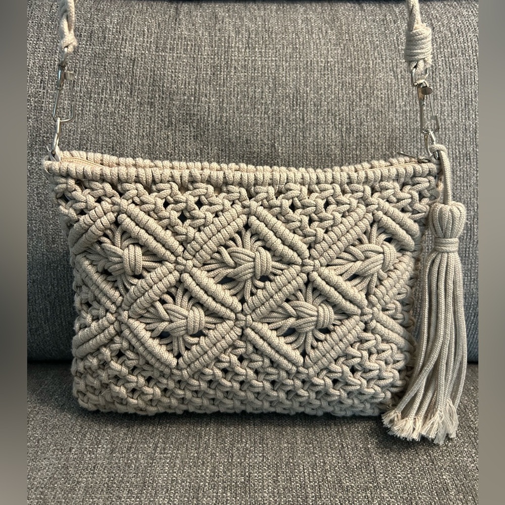 Crocheted cream rope crossbody bag